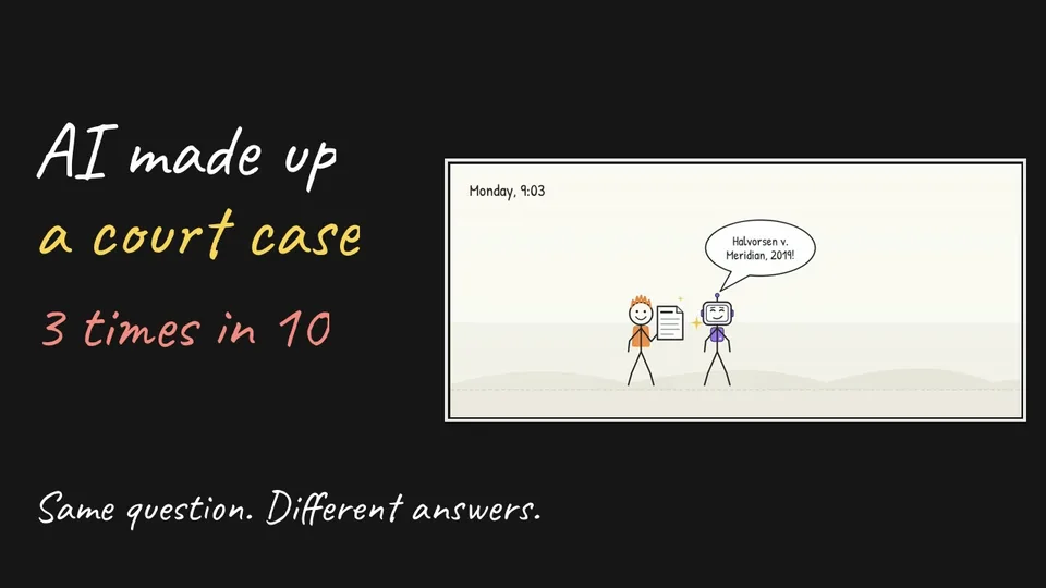 Stick-figure scene from the video Why AI makes things up, in which an AI invents a court case